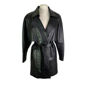 Vintage 80s 90s LNR Black Genuine Leather Boxy Belted Trench Coat Jacket Medium